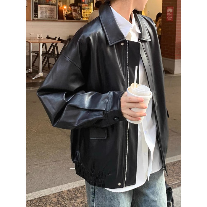 Picture of Brown Imitation Leather Jacket Women's Hong Kong-style 2024 New Autumn High-grade Loose American Vintage Motorcycle Jacket Top