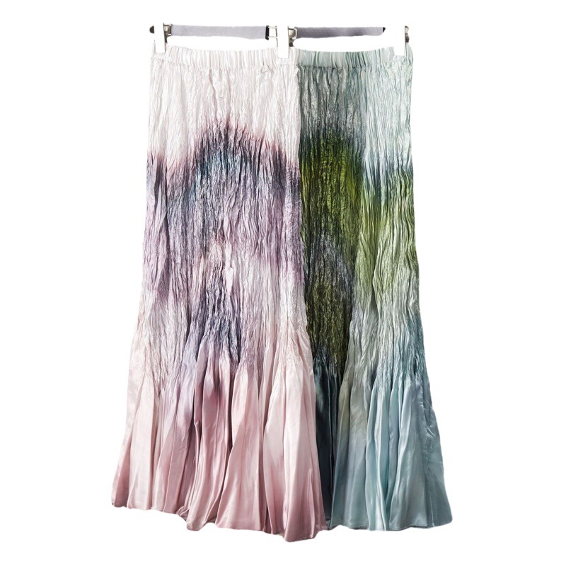 2023 Spring and Autumn Artistic Simi-dyed A- line Skirt Pleated Gradient Printed Fashion Mid-length High Waist Slimming Skirt