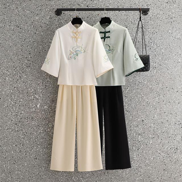 Republic of China Style Vertical Collar plus size Slimming Tang Suit Chinese Embroidery Retro Elegant suit Wide Leg Pants Two-Piece Set for Summer