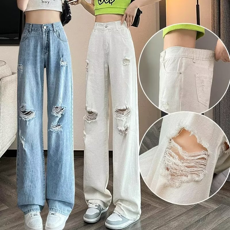 Design ripped jeans for women Spring and Autumn New High waist loose draping white straight pants wide leg mopping trousers