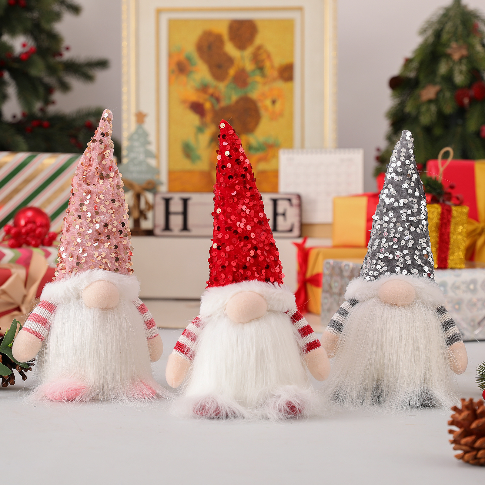 Cross-border new sequined Rudolf decoration doll dwarf window props decoration three-color Goblin decoration