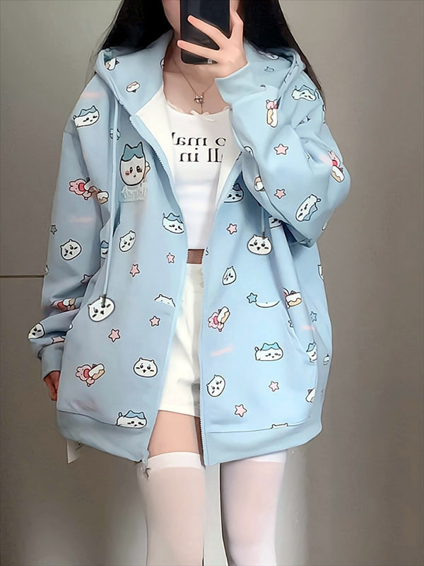 Cute Small Eight Cartoon Printed Hooded Cardigan Sweater Women's Coat Sweet Girl Wear Spring Autumn Winter Loose All-match Top