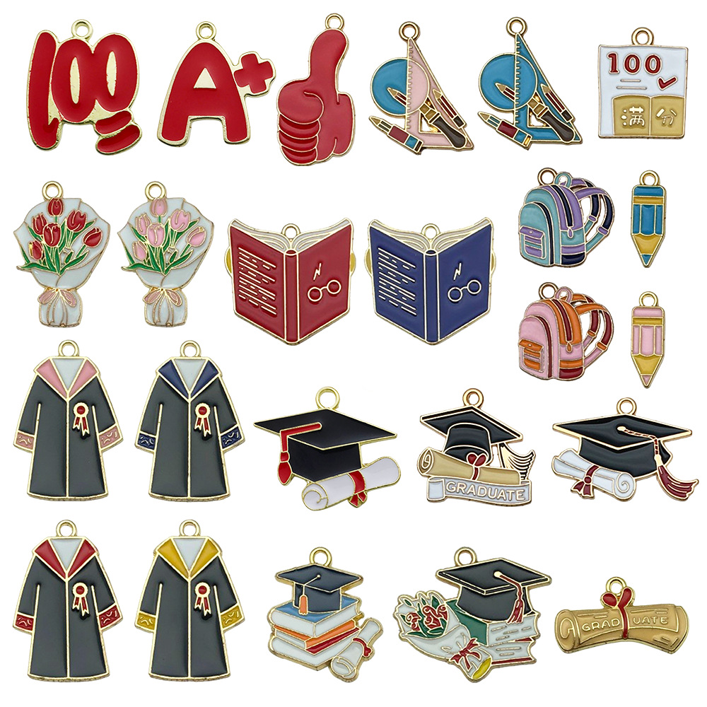 Picture of Cross-border DIY accessories alloy oil drop graduation season examination bachelor cap schoolbag size pen key chain pendant pendant