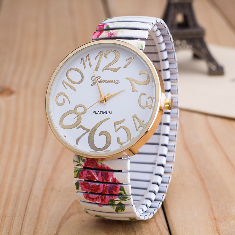Cross-border Hot-selling Printed Color Stretch Belt Watch Classic Geneva Big Digital Fashion Jewelry Watch