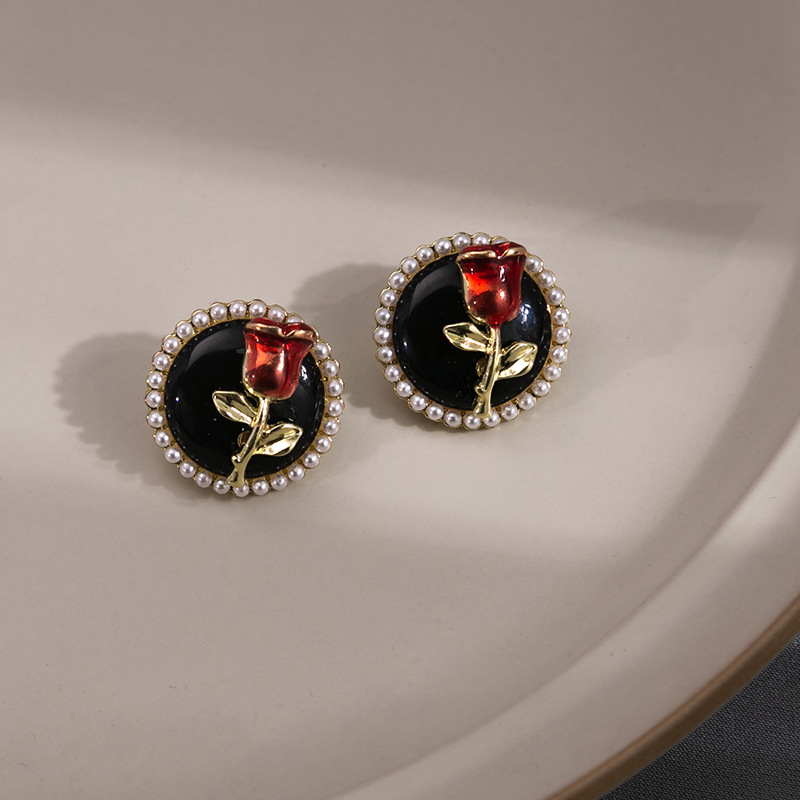 Silver Needle Dark Rose Pearl Earrings French Sweet Cool Style Earrings Artistic Enamel Oil Drop Flower Earrings