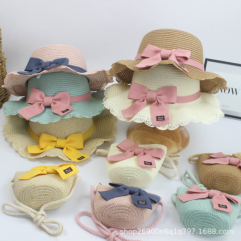 Summer New Children's Hat Straw Hat Japanese Bow Sweet Cute Sunshade Sun Hat Bag Set