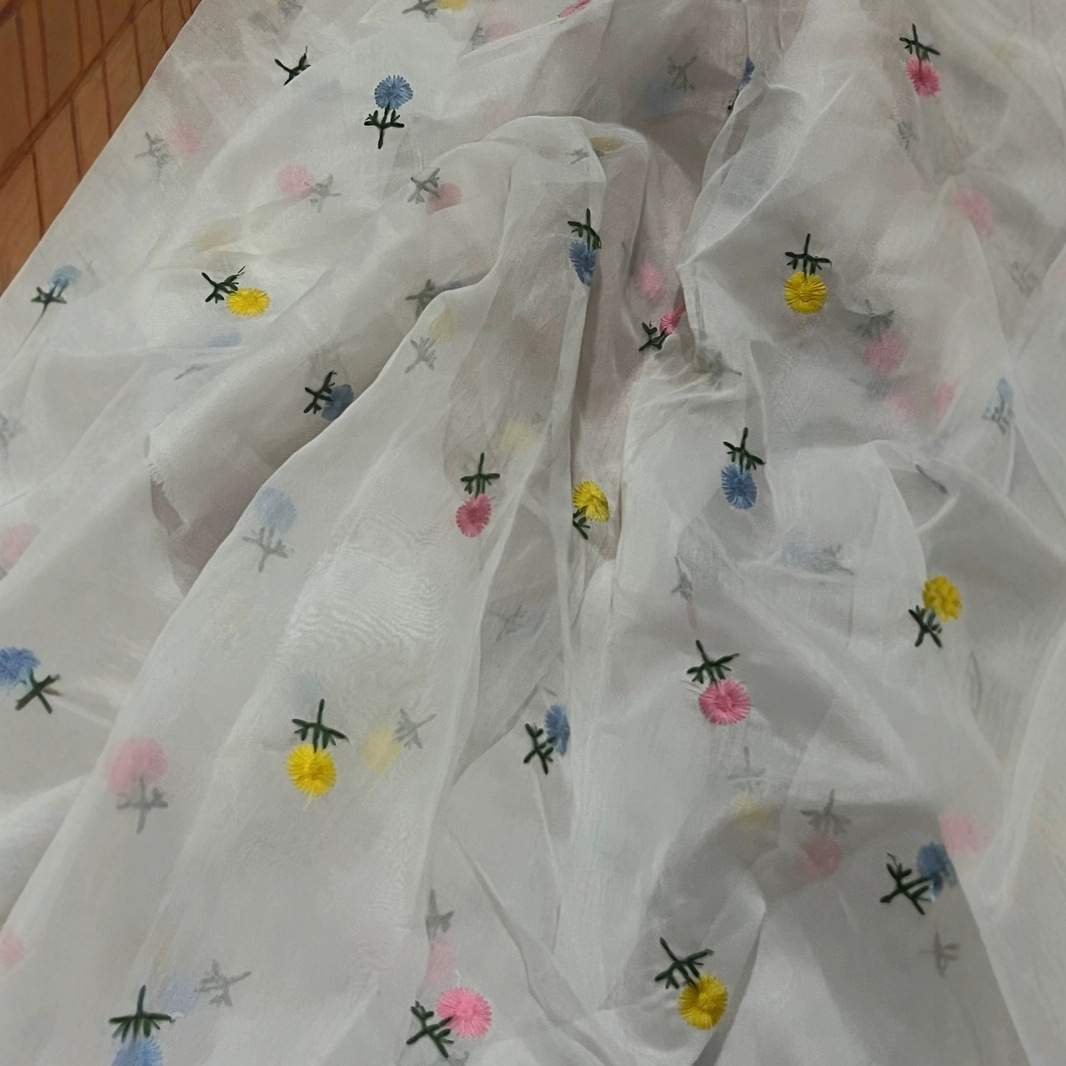 2025 Sunflower Multicolor Line Embroidery Fabric Cotton Bubble Yarn Flat Embroidery Hanfu Handmade DIY Sling Top Summer Embroidery