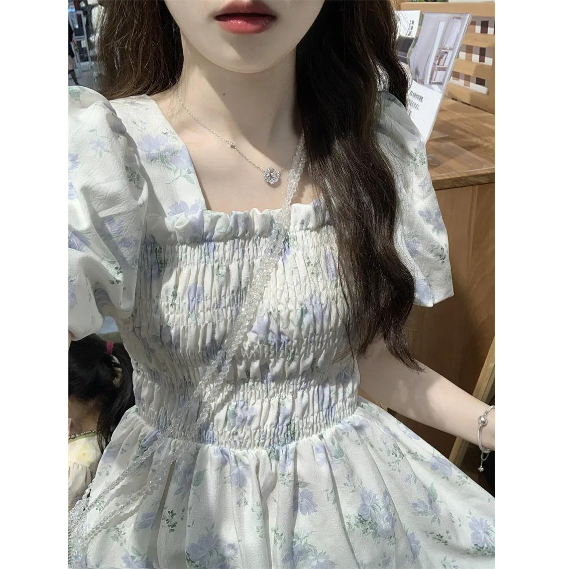 French style floral dress women's summer small British style tight waist square collar puff sleeve fairy gentle long