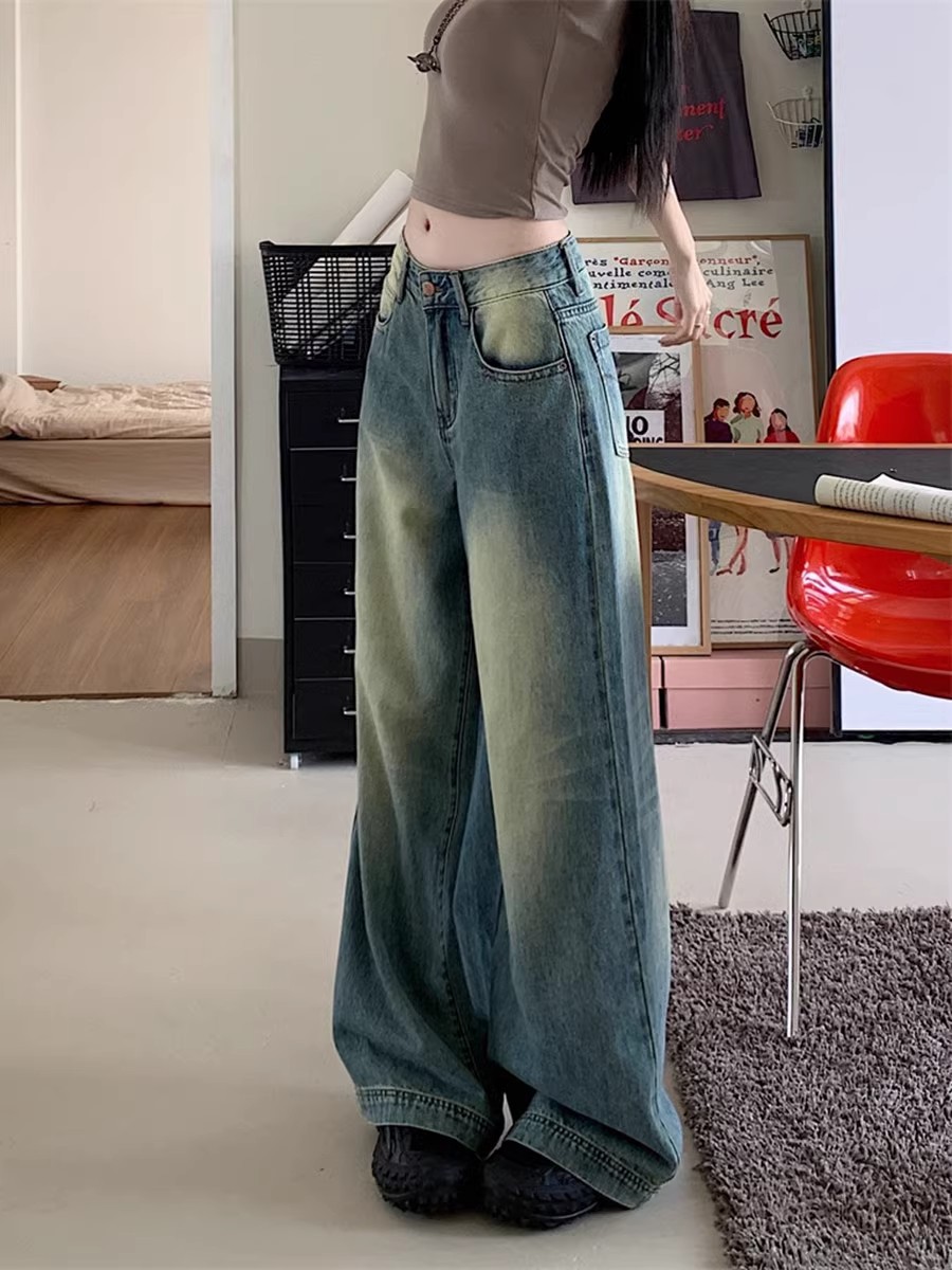 Heavy Industry Retro Blue 2024 New High Waist Wide Leg Jeans Women's Loose Dipped Washed Fashionable All-match Mop Pants