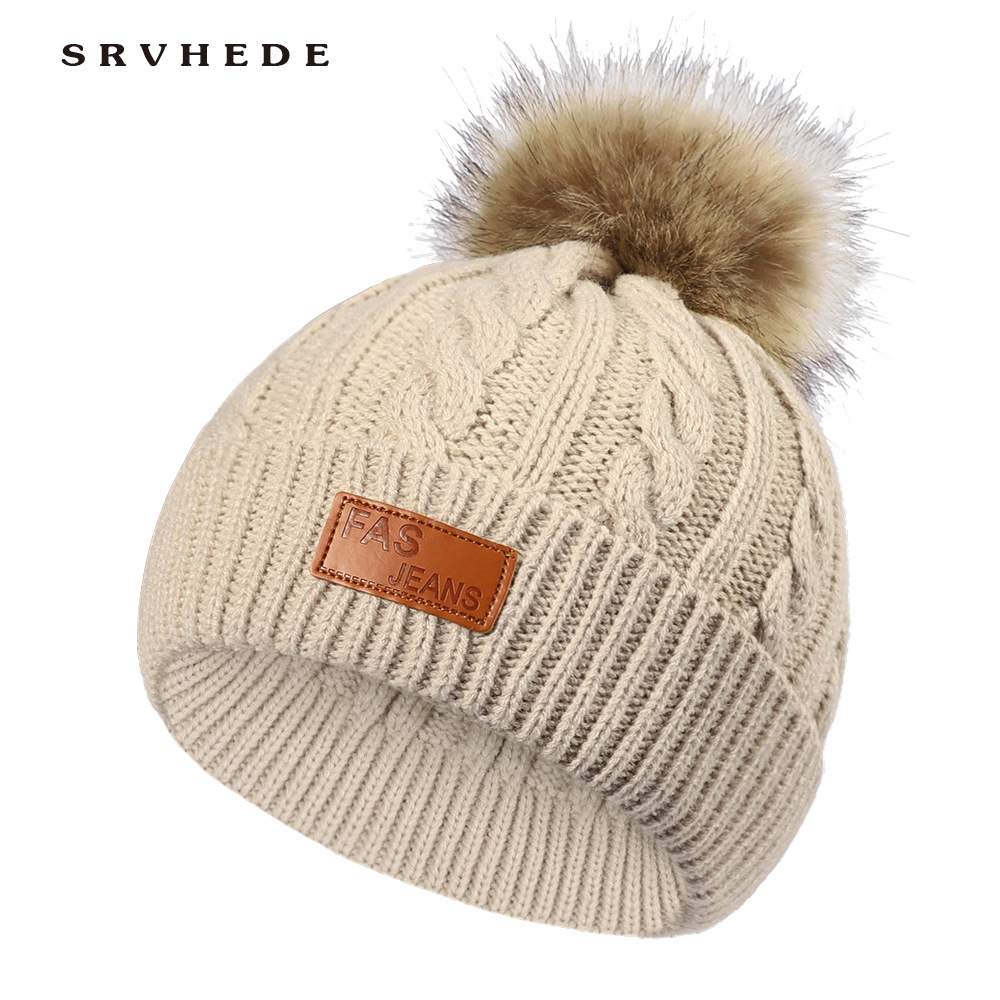 New in stock Korean version of baby boys and girls small leather knitted hat autumn and winter warm curling wool ball children's wool hat