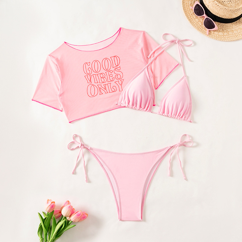 2024 First Sight New European and American Bikini Three-Piece Swimsuit Temu Export Amazon Aliexpress Short-Sleeved Swimsuit