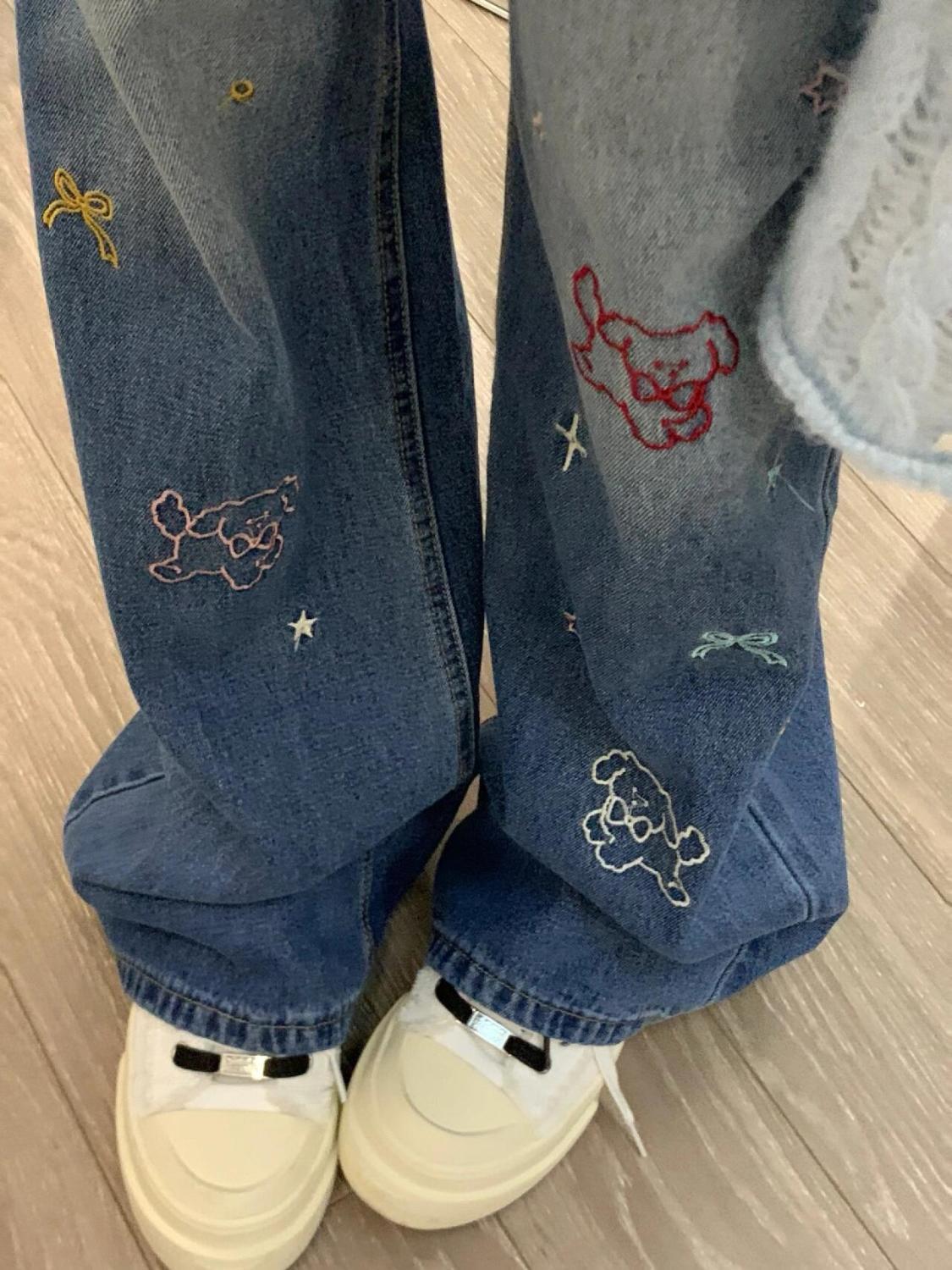 Autumn American-style Cartoon Embroidered Straight-leg Jeans Women's Vintage Design High Waist Slimming Wide-leg Trendy Trousers