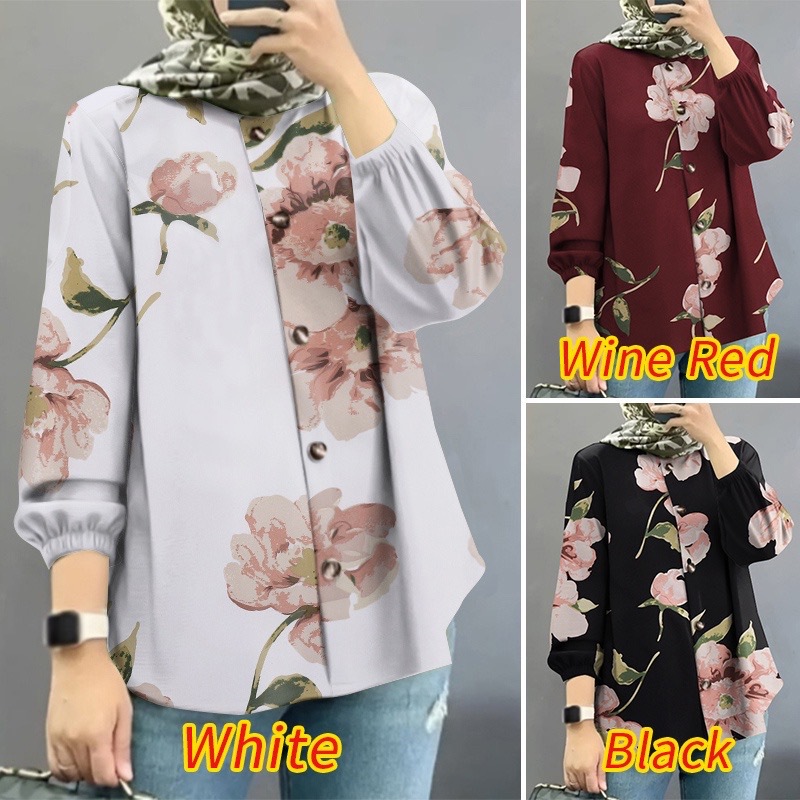 Spot Cross-Border Amazon Middle Eastern Malay New Women's Muslim Floral Shirt Fashionable Puff Sleeve Factory Batch