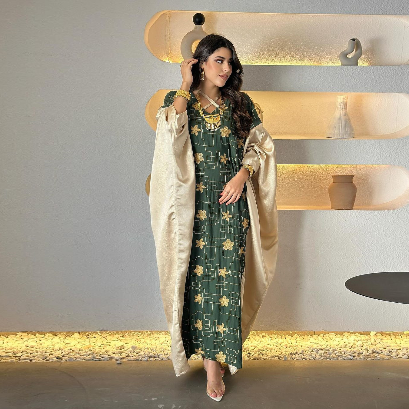 Picture of AB391 Arab Dubai Muslim women's embroidery color matching dress fashion jalabiya foreign trade e-commerce