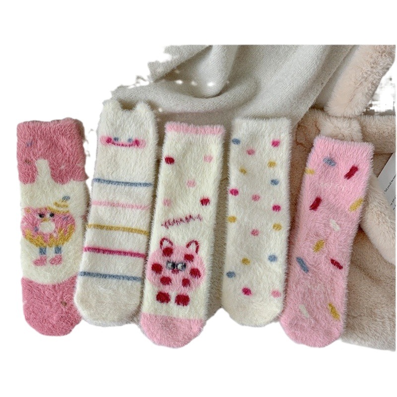 Autumn new socks Japanese cartoon donut mink velvet women's mid-calf length socks fleece-lined warm floor socks sleep socks