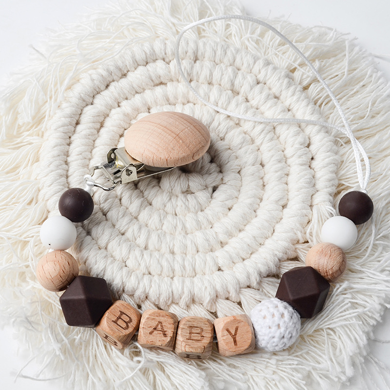 Picture of New Beech pacifier clip Beech letters BABY silicone octagonal beads wool crochet anti-drop chain