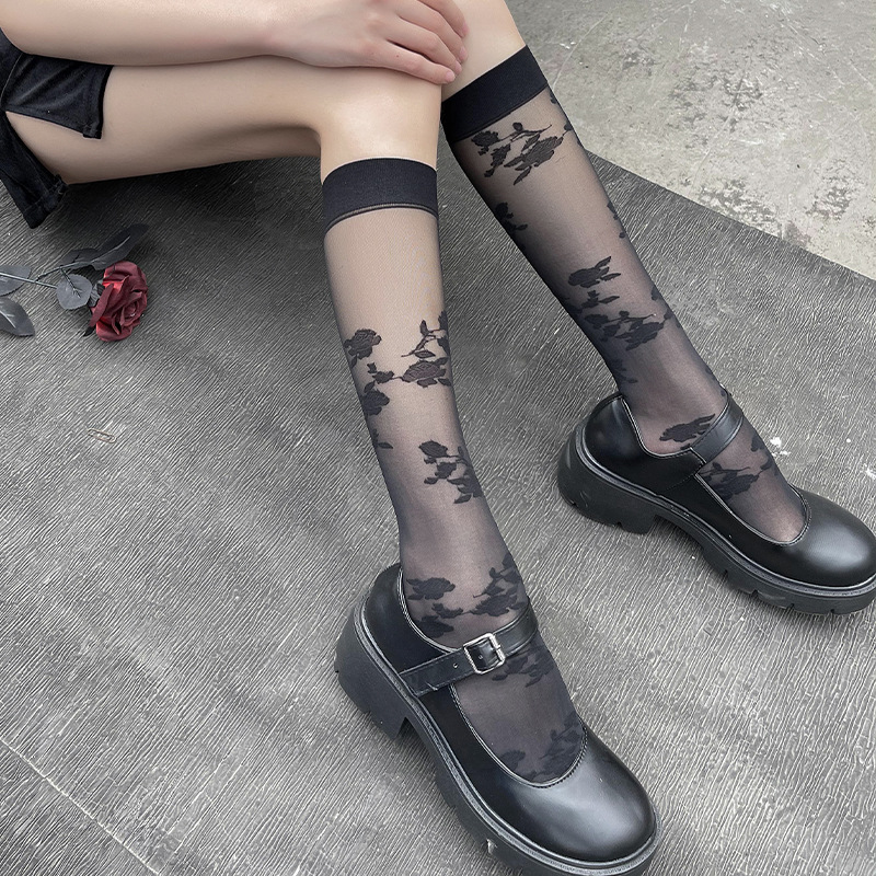 Picture of Silk stockings summer socks knee socks small polka dot half white half jk tide socks ins ladies black ultra-thin