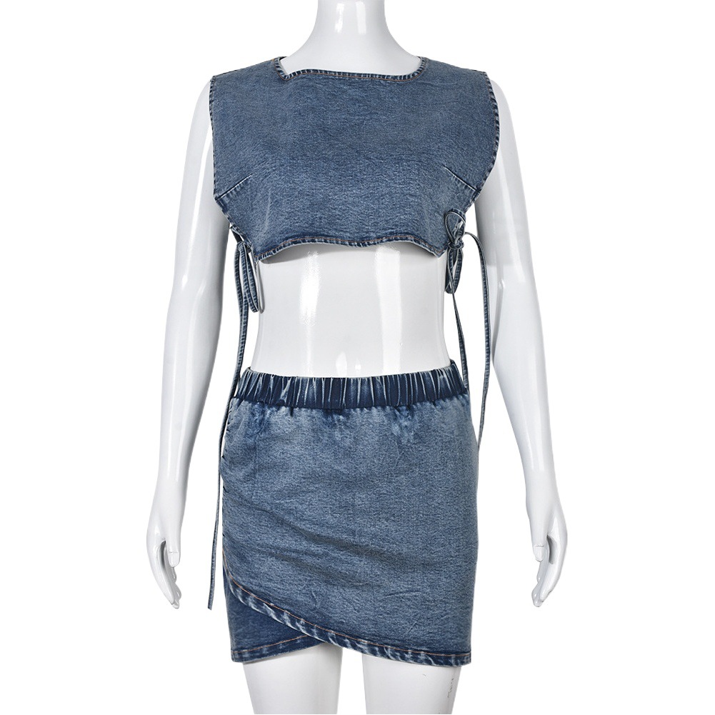 Amazon Cross-Border European and American Clothing 2025 Autum New Sexy Cardigan Waistless Denim Vest Skirt Suit