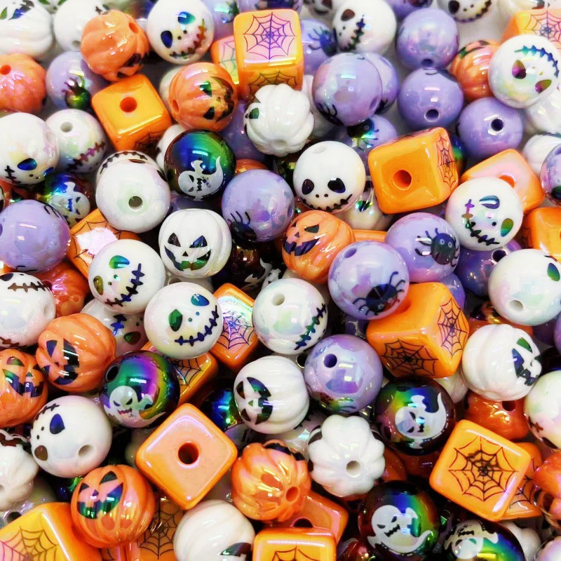 Acrylic Halloween Print UV Color Plated Straight Hole Round Bead DIY Beaded Pen Mobile Phone Chain Keychain Accessories
