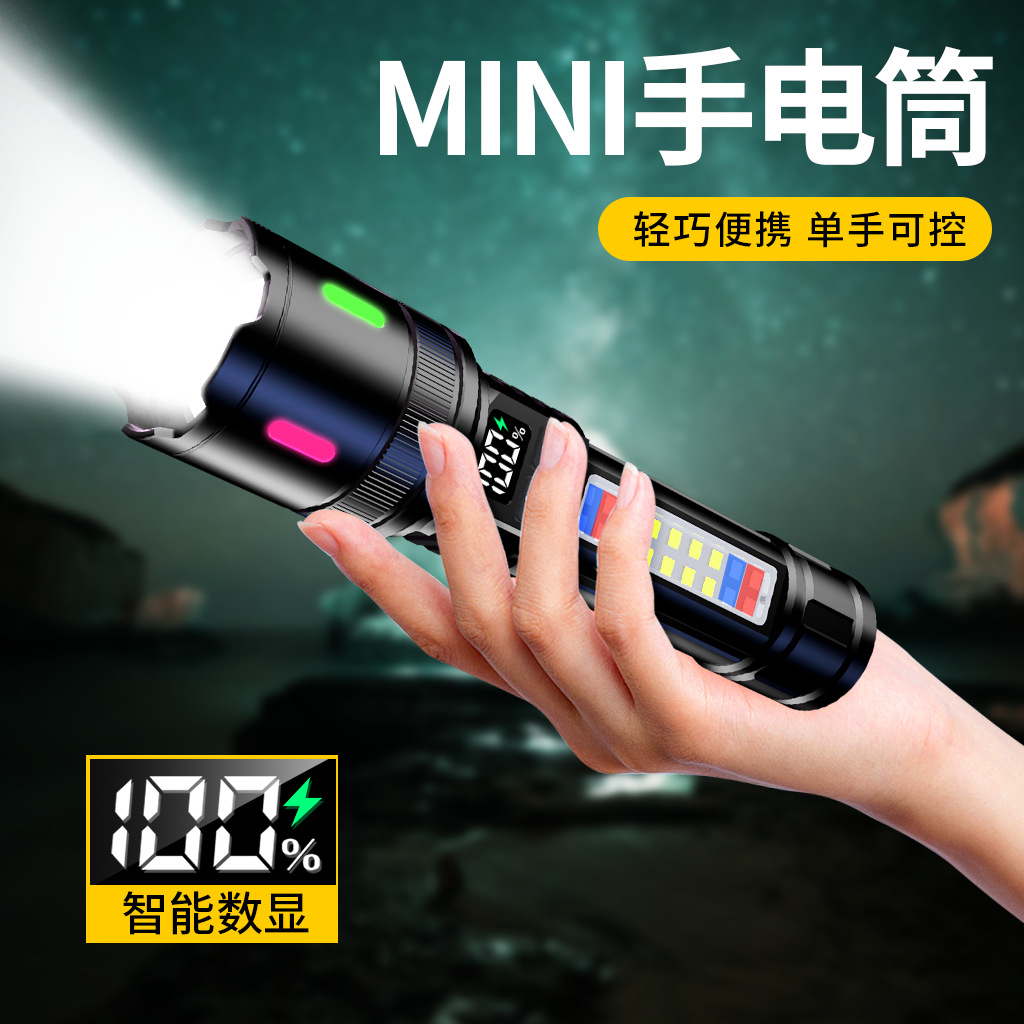 Mini Multifunctional Cross-Border New White Laser Cob Flashlight Work Light with Telescopic Zoom and Long-Range Strong Light