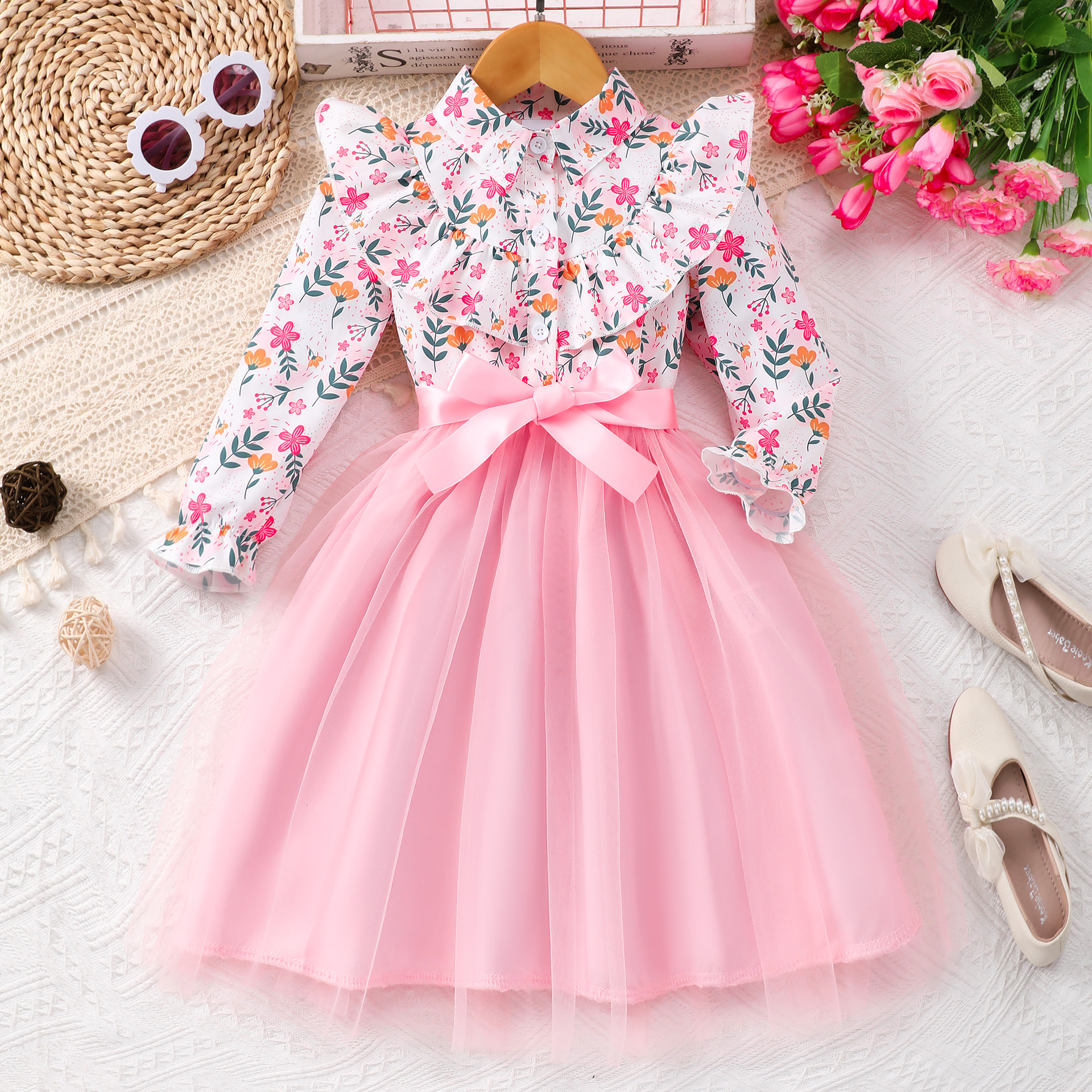 Picture of New Style Long-Sleeved Lapel Floral Print Mesh Dress for Girls and Older Children with Woven Belt