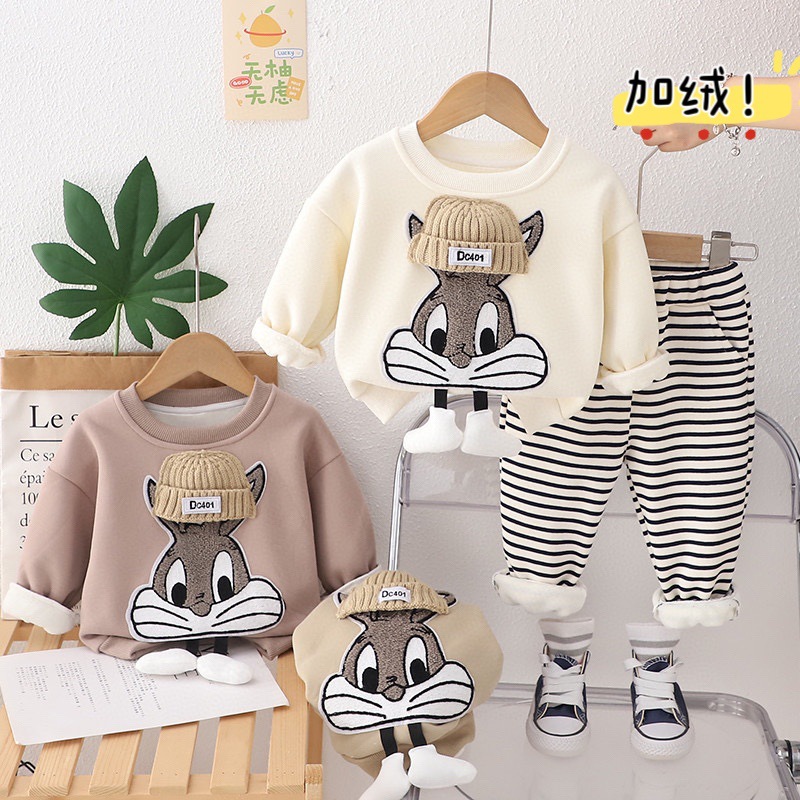 Yikids Girls Boys Cute Autumn and Winter Children's Clothing Baby Cartoon fleece-lined Sweatshirt Sweatpants suit