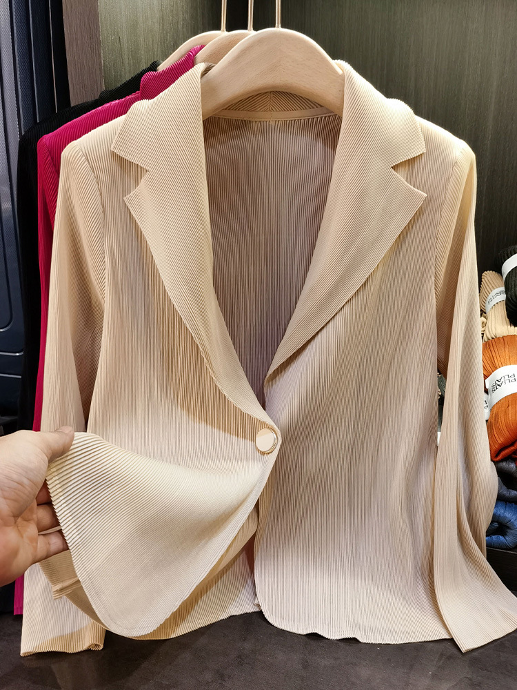 High-End One-Button Pure Color Pleated Suit Jacket for Women Spring and Summer New Elegant Commuter Long-Sleeved Versatile Top