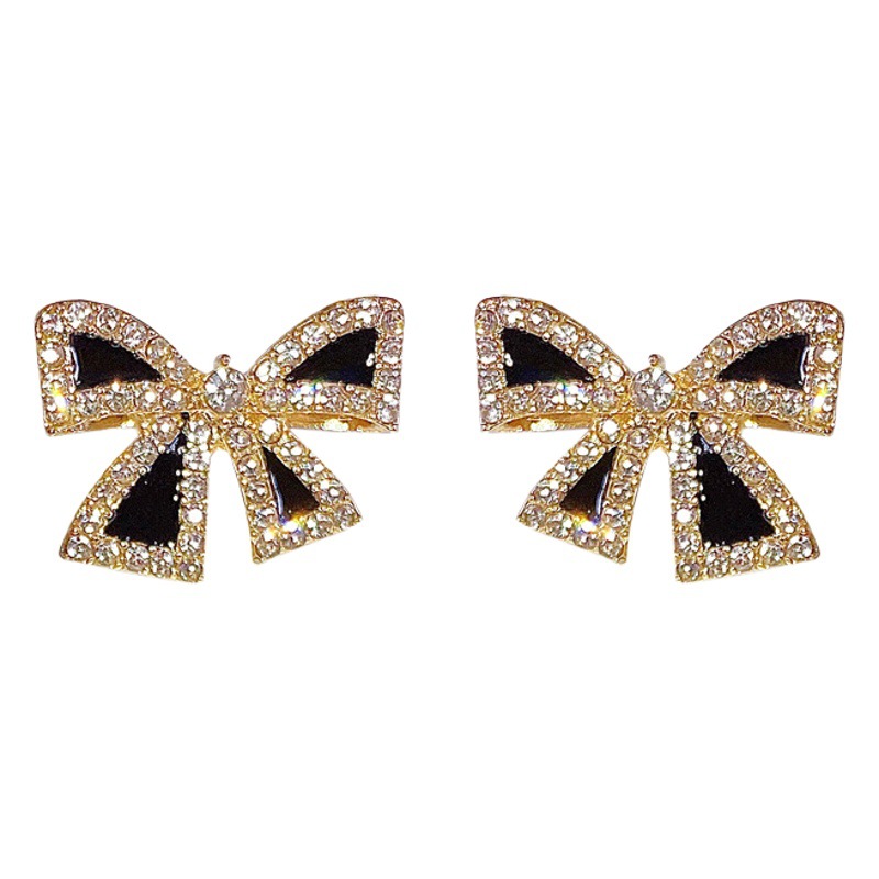 s925 exquisite small flash diamond black bow stud earrings female temperament high-end luxury niche earrings design sense