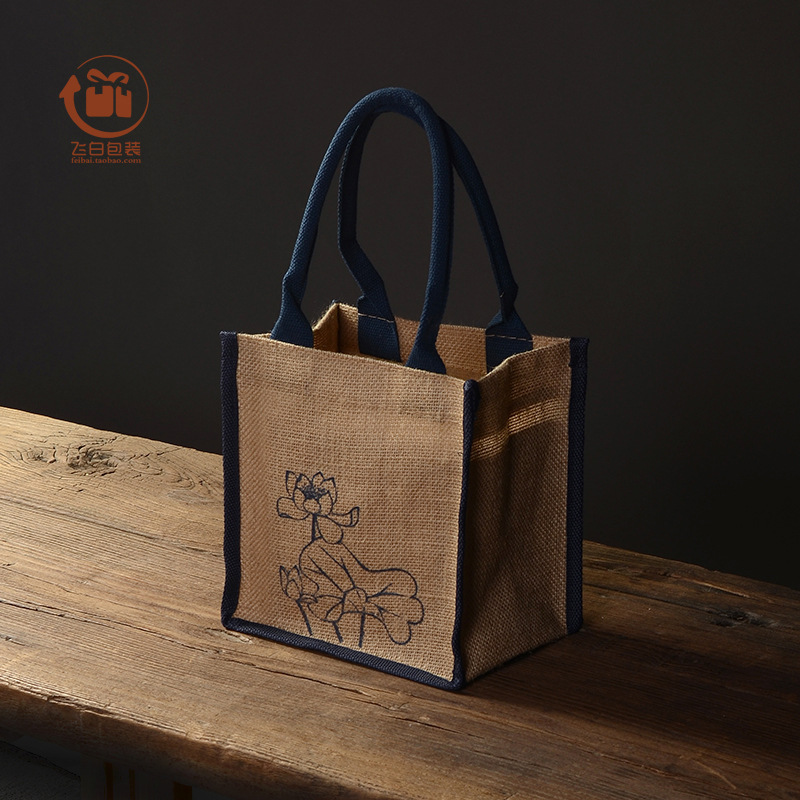 Blue Lotus Pattern Vintage Linen Hand Sewing Storage Gift Bag Thickened Film Waterproof Tea Set Packaging Bag