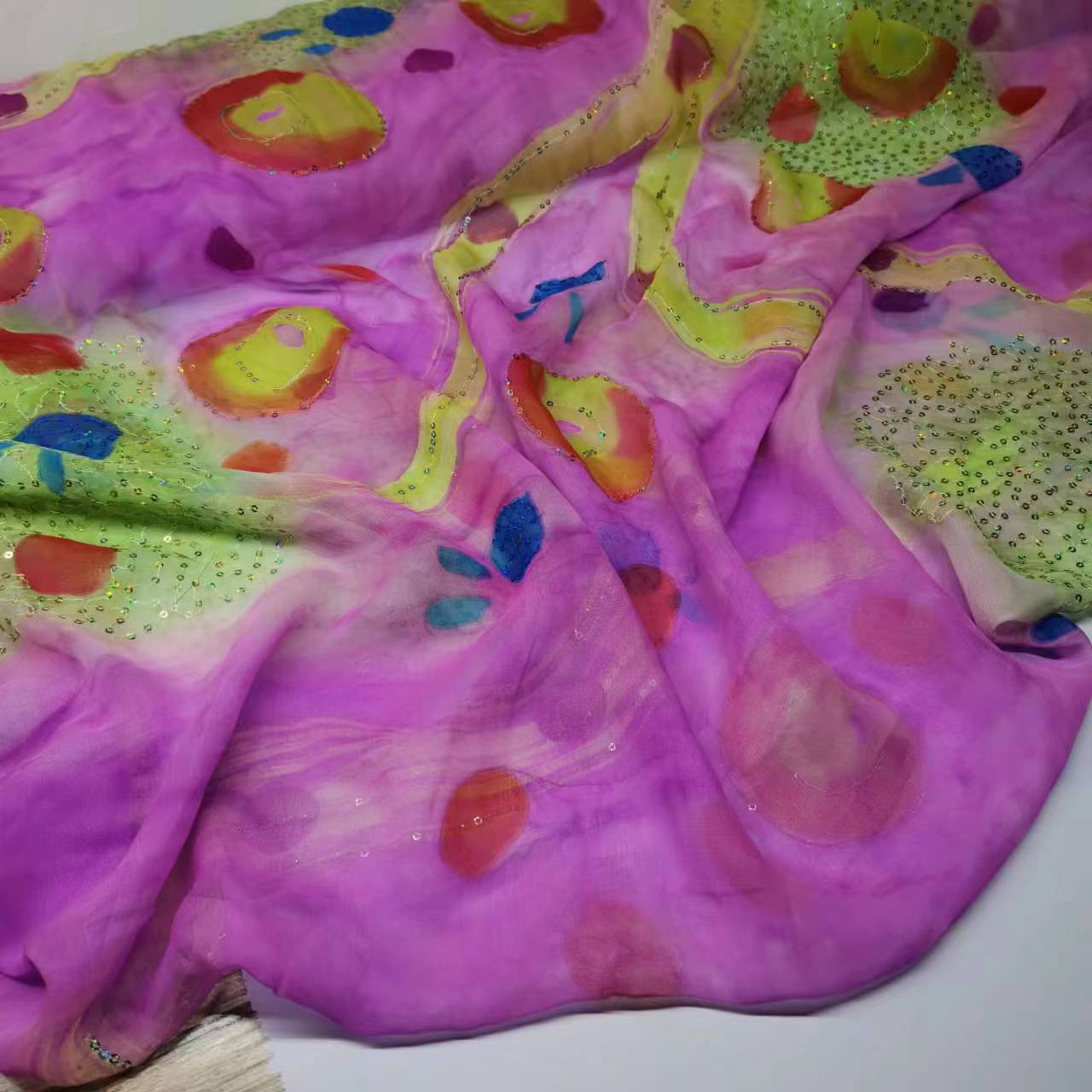 Narrow Embroidered Sequined Mulberry Silk Georgette Fabric 8mm Fashion Silk Fabric