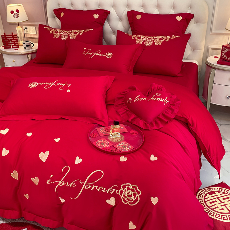 Picture of High-end Chinese Dragon and Phoenix Embroidery Fashion Wedding Four-piece Wedding Big Red Bed Sheet Quilt Cover Accompanying Bedding