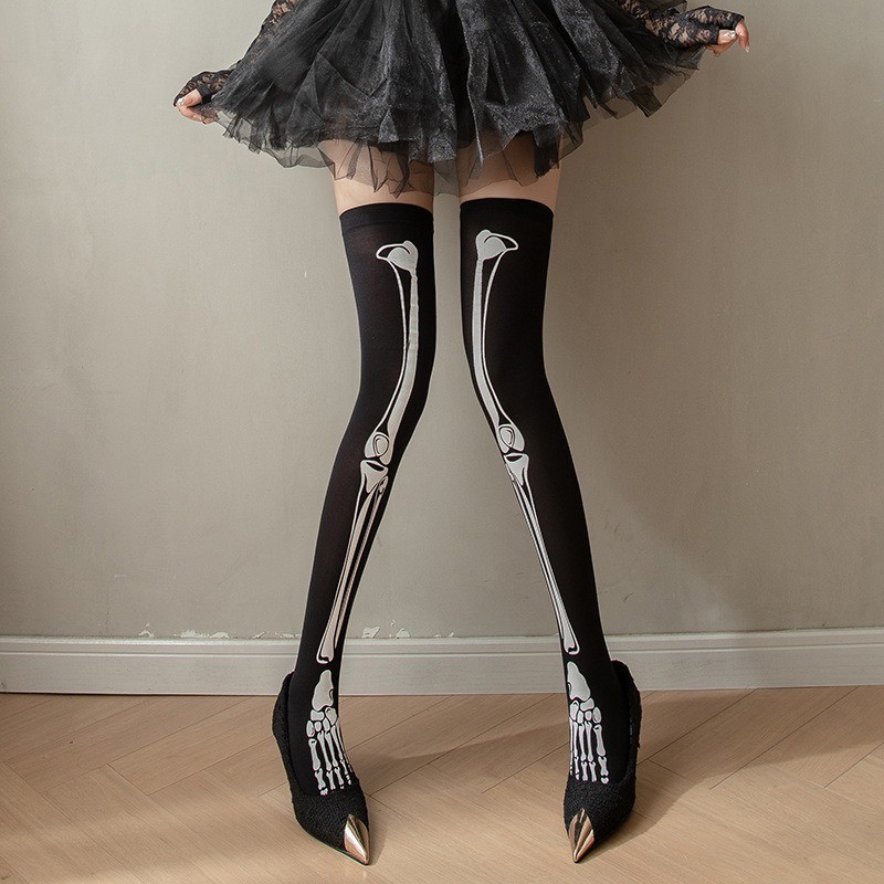 Picture of Cross Cross Cross Stockings Printing Halloween Socks Spider Web Over-the-Knee Socks Black White Lolita Stockings