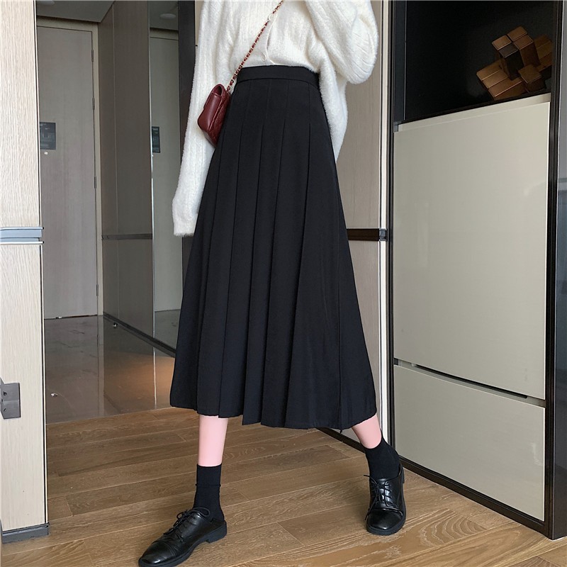 Autumn and Winter solid color skirt mid-length beige draping high waist slimming A- line skirt women's summer black skirt long skirt z