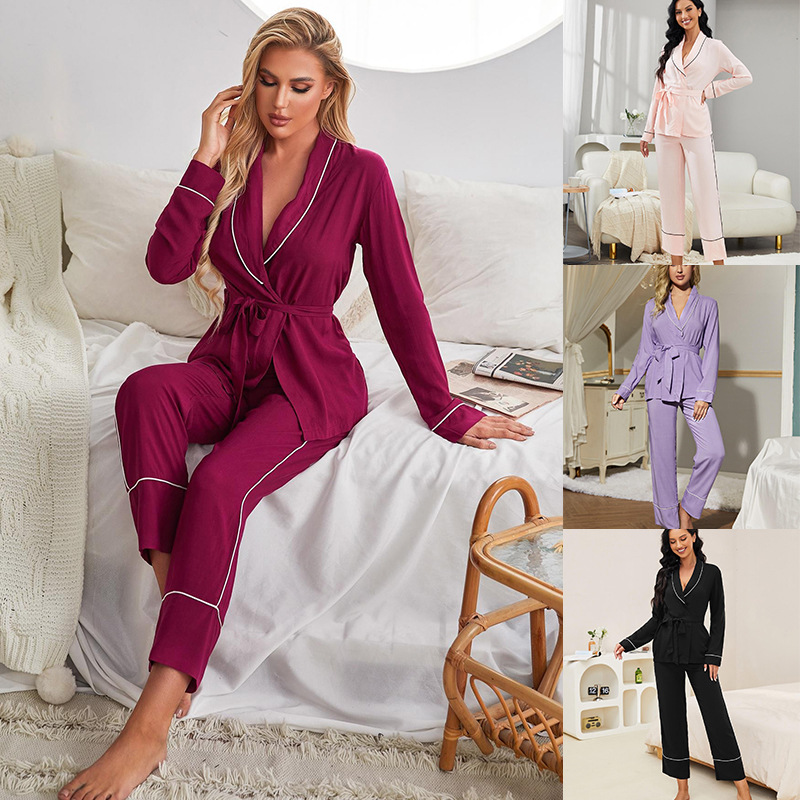 Amazon Cross-border Pajamas Women's Autumn and Winter Red Long-sleeved Nightgown Pants Two-piece Home Clothes Foreign Trade AliExpress