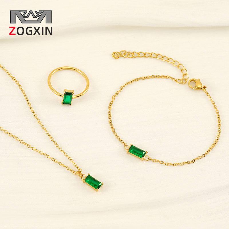 Cross-border Stainless Steel Dark Green Strip Necklace Bracelet Ring Jewelry suit Vacuum Plated 18K Gold Titanium Steel Jewelry