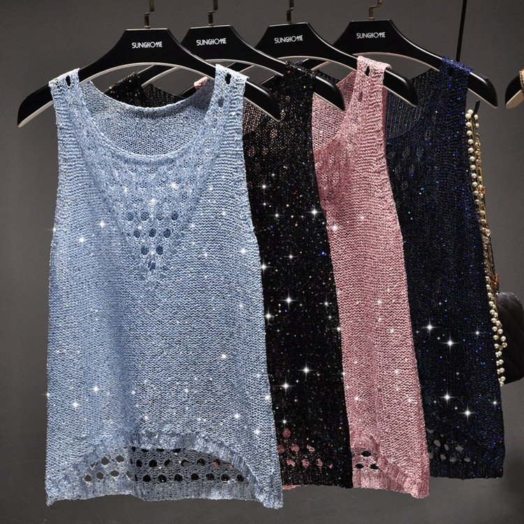 Picture of Summer New Beaded Sparkling Sequins Hollow Thin Sleeveless Sweater Front Short Back Long Vest T-shirt Top Women