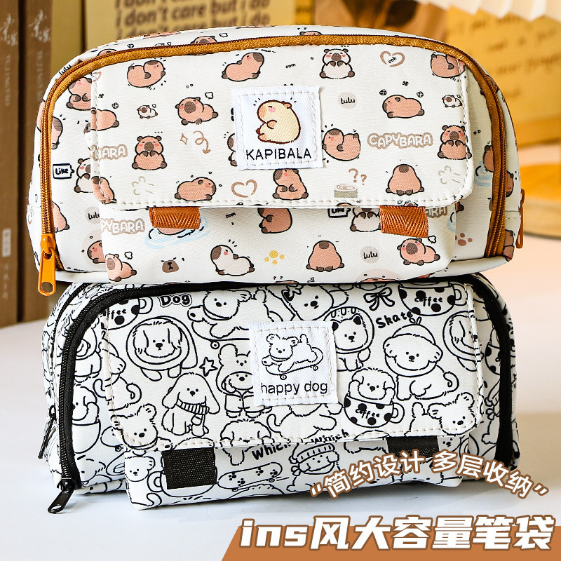 3877 New Black and White Puppy Super Large Capacity Student Pencil Bag Multi-compartment Student Stationery Storage Pencil Bag