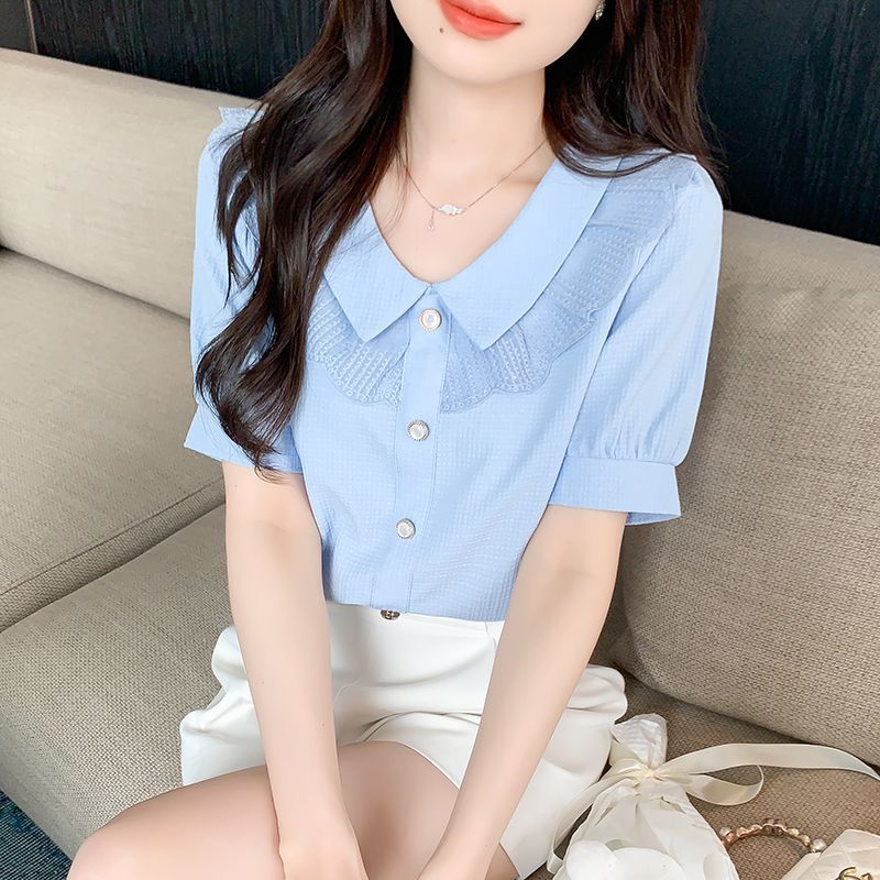 Summer 2025 New Women's Doll Collar Chiffon Shirt Women's Fashionable Age-Reducing Easiest for Match Puff Sleeve Thin Top