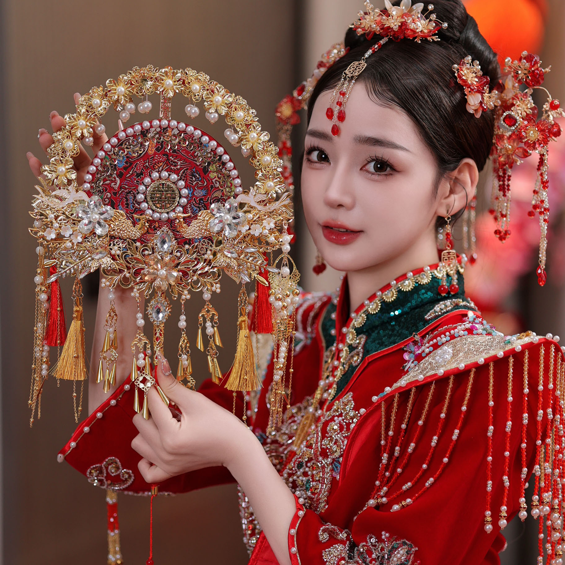 Red Lace Bridal Wedding Xiuhe Fan, New Chinese Style Double-Sided Finished Face-Covering Red DIY Fan 9255