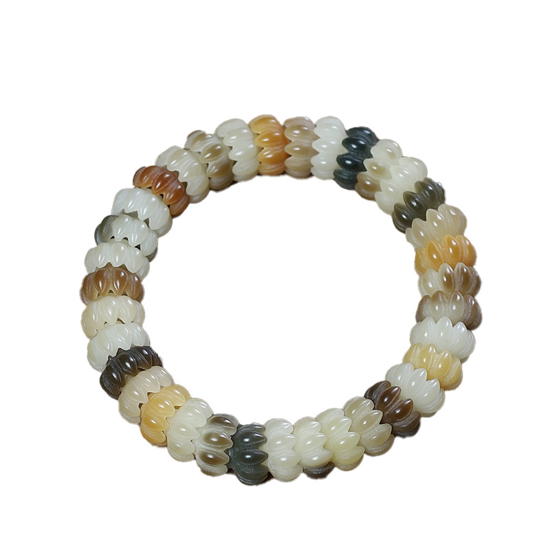 Picture of White Jade Bodhi Carving Lotus Blossom Colorful Bodhi Bracelet for Men and Women Play with Buddha Beads Soft Plate Play Bracelet