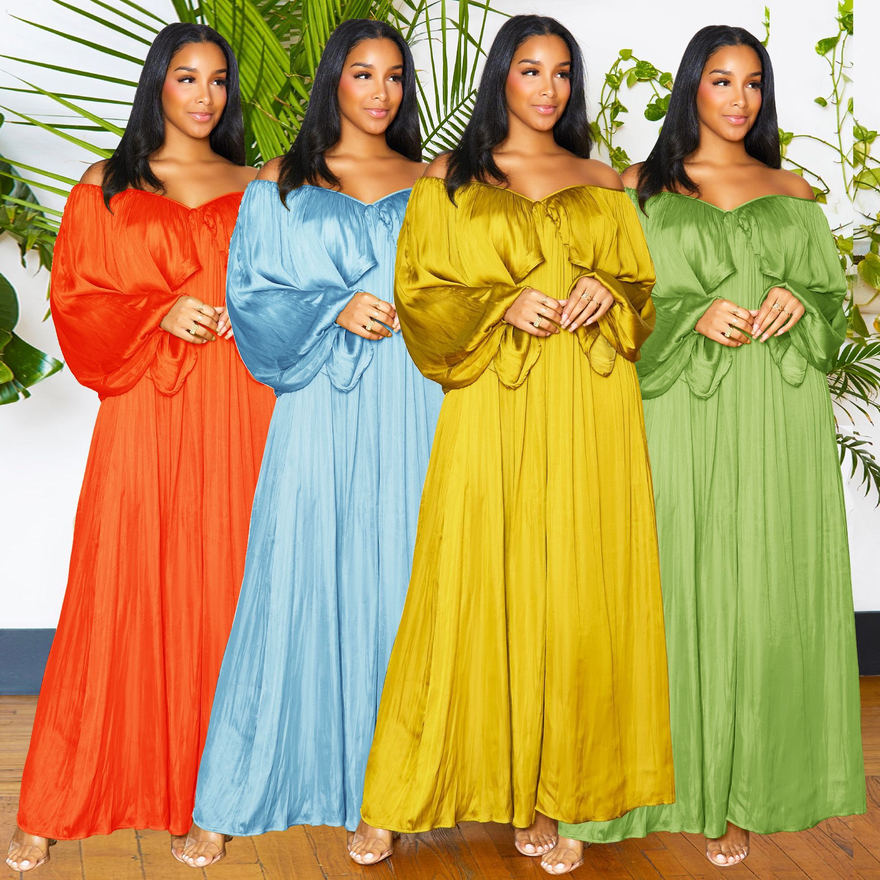 European and American Women's Cross-border Amazon Chiffon Solid Color Temperament Shoulder Elegant Long Dress Fashion Sexy Loose dress