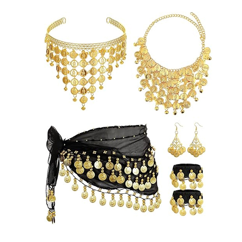 Amazon Belly Dance Waist Chain suit Beauty Coin Head Hoop 72 Coin Waist Chain Bracelet Necklace Earrings Metal Jewelry
