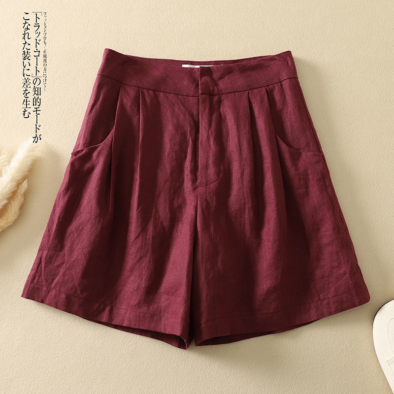 Real pictures 2025 summer new cotton and linen literary leisure loose slim Joker solid color wide leg pants shorts quarterpants