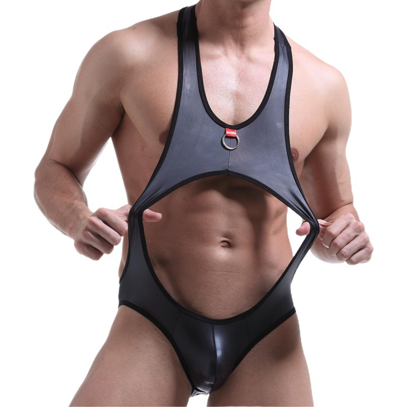 Amazon Cross-border Foreign Trade Men's Underwear Hanging Iron Ring Patent Leather Strap Empty One-piece Underwear Wrestling Clothing 1820