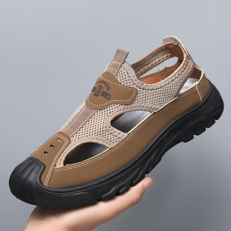 Old Beijing Non-slip Sandals Summer Mesh Cloth Baotou Breathable Driving Hollow Outdoor Casual All-match Hole Shoes for Middle-aged