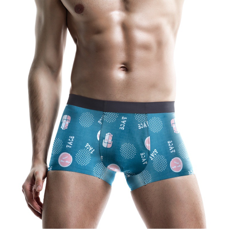 Men's Ice Silk Lightweight Breathable Boxers Summer Fun Printed Underwear Youth Mid-Waist Inner Crotch Double-Layer Boxers