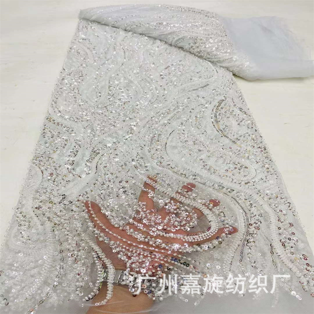 Spring and Summer 2024 New Polyester Mesh Size Fingerprint Sequin Bead Tube Embroidered Cloth African Fashion dress Dress Fabric