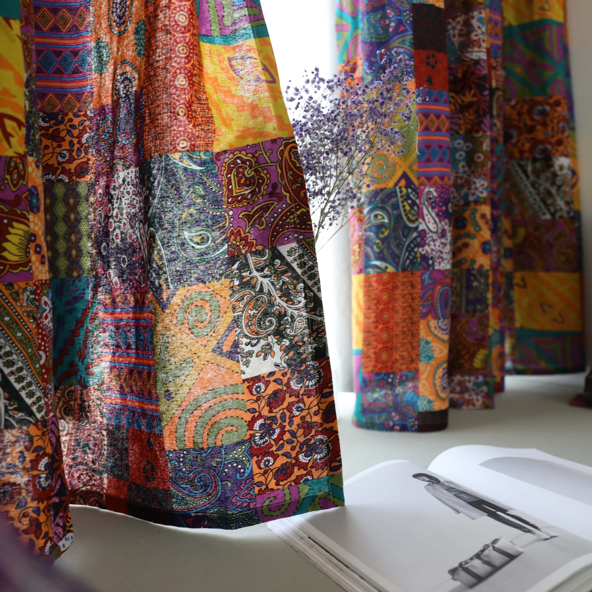 Yiman Qiyun Curtain Finished Bohemian Retro Ethnic Style Living Room Study Cotton and Linen Semi-Shading Curtain