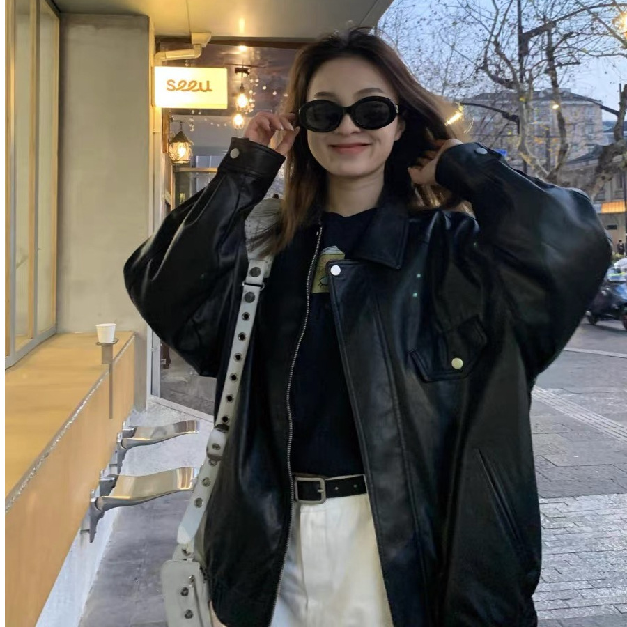 American Style New Autumn Zipper Lapel PU Imitation Leather Jacket Women's Short Loose Slimming American Style Retro Biking Suit
