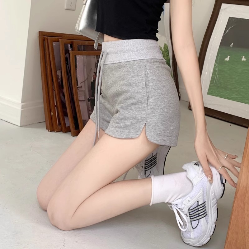 Pants Wrap Hip Drawstring Design Grey Small Wide Leg Pants Women's Summer Thin A- Sense Short Sports High Waist Slimming